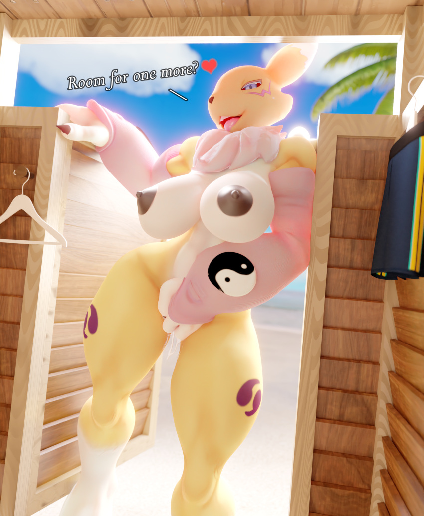 3d_(artwork) absurd_res anthro bandai_namco beach big_breasts bodily_fluids breasts digimon digimon_(species) digital_media_(artwork) female genital_fluids hi_res huge_filesize looking_at_viewer nipples nude pussy_juice renamon seaside solo thick_thighs tradelt wide_hips