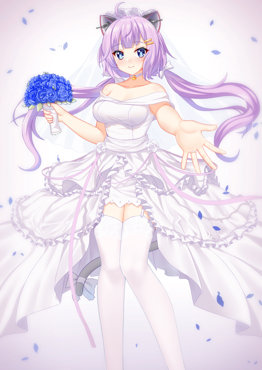 1girl absurdres ahoge animal_ears bangs bare_shoulders bell blue_eyes blue_flower blue_rose blunt_bangs bouquet breasts bridal_veil bride cang_se_ye_hua cat_ears cat_tail choker closed_mouth collarbone converse_(warship_girls_r) dress eyebrows_visible_through_hair feet_out_of_frame flower frilled_dress frills garter_straps hair_ornament hair_ribbon hairclip highres holding holding_bouquet knees_together_feet_apart long_hair looking_at_viewer neck_bell off_shoulder outstretched_hand petals pink_ribbon purple_hair ribbon rose simple_background smile solo symbol-only_commentary tail thighhighs twintails veil warship_girls_r wedding_dress white_background white_choker white_dress white_flower white_ribbon white_rose