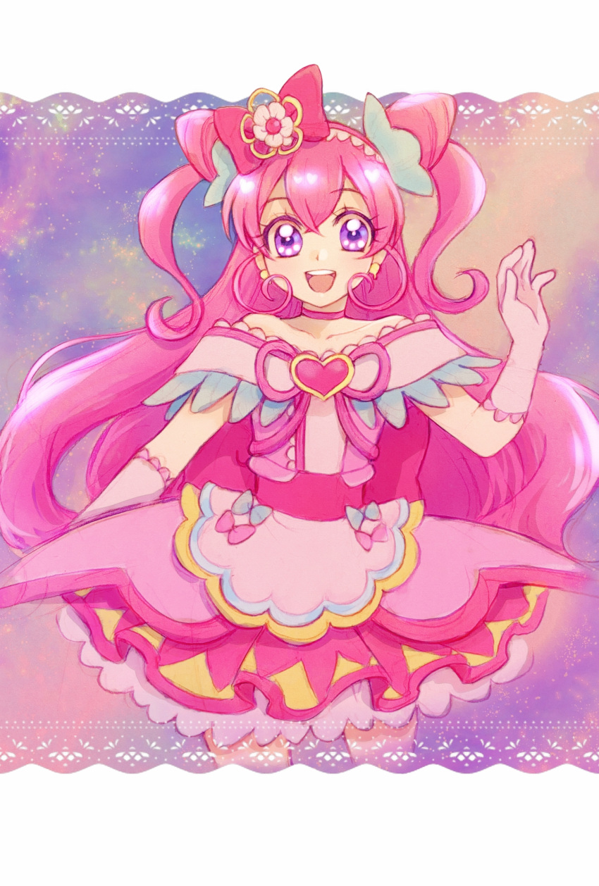 1girl :d aizen_(syoshiyuki) apron back_bow bare_shoulders bow brooch choker collarbone cowboy_shot cure_precious delicious_party_precure double_bun earrings flower gloves hair_bow hair_cones hair_flower hair_ornament heart_brooch highres huge_bow jewelry long_hair looking_at_viewer multicolored_background nagomi_yui open_mouth pink_bow pink_choker pink_hair pink_skirt precure purple_eyes sidelocks skirt smile solo standing two_side_up white_gloves