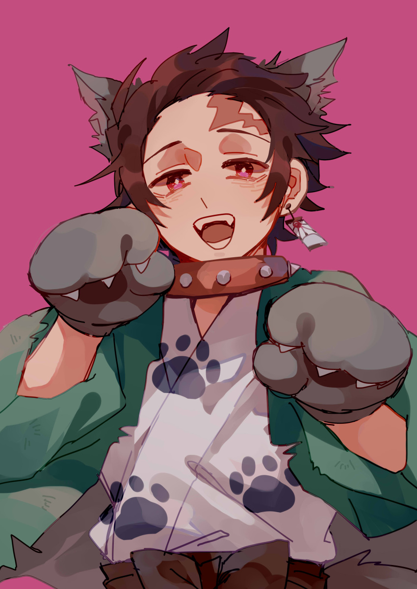 1boy absurdres animal_ears animal_hands brown_hair cat_ears chinese_commentary collar commentary_request earrings fangs gloves green_jacket hands_up highres jacket japanese_clothes jewelry kamado_tanjirou kimetsu_no_yaiba kimono looking_at_viewer male_focus mogutofuoes open_mouth paw_gloves paw_print pink_background pink_eyes short_hair simple_background solo teeth upper_body white_kimono