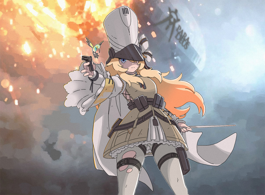 1girl aircraft bird blonde_hair blue_eyes brown_dress dirigible dress girls'_frontline gun hat holding holding_gun holding_wand holding_weapon hummingbird kolibri kolibri_(girls'_frontline) long_hair looking_at_viewer pantyhose solo tab_(tabkun) thigh_pouch torn_clothes torn_legwear wand weapon white_headwear white_legwear