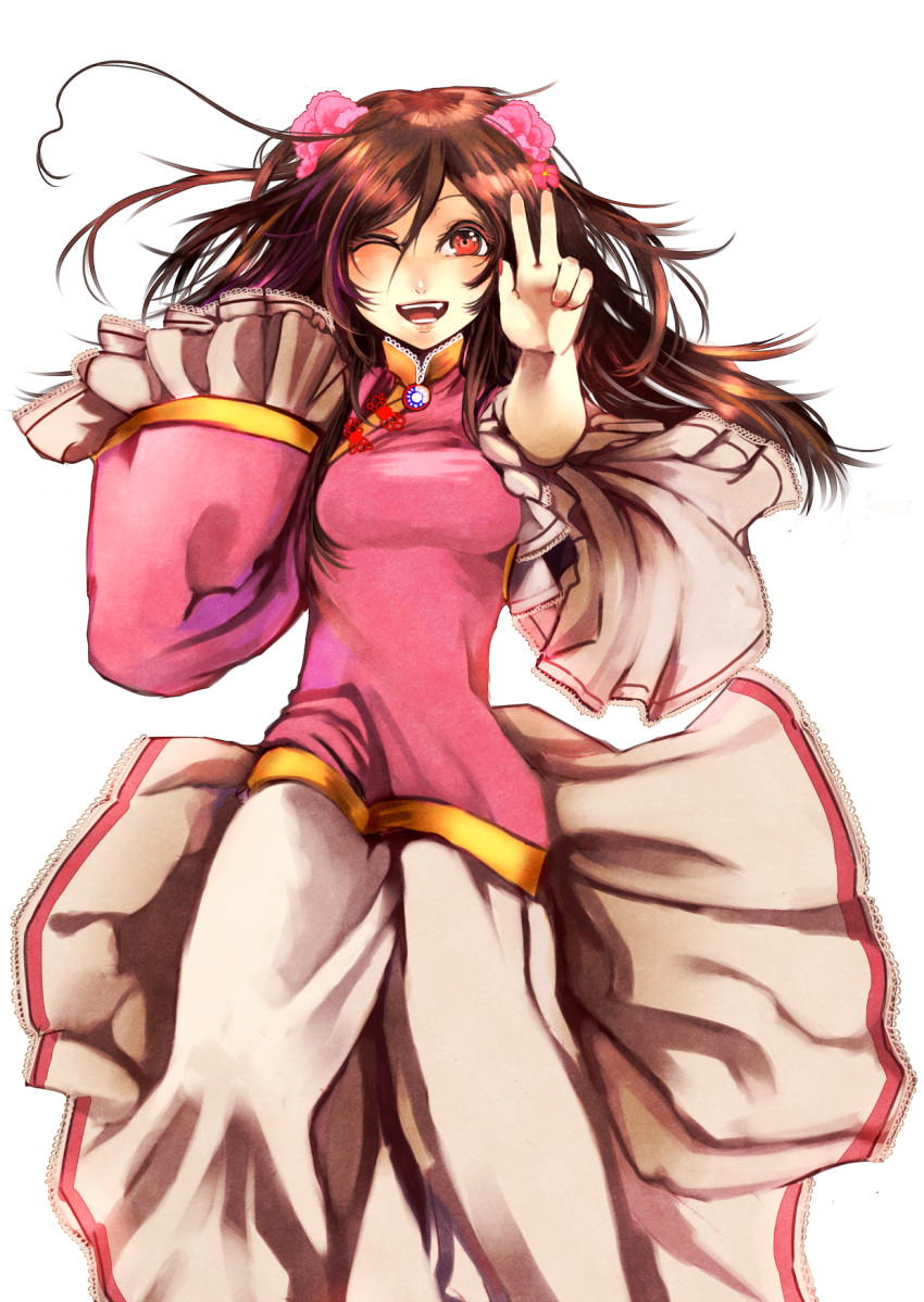 1girl at2. axis_powers_hetalia blush breasts brown_hair china_dress chinese_clothes dress eyebrows_visible_through_hair fang flower hair_flower hair_ornament highres long_hair looking_at_viewer medium_breasts one_eye_closed open_mouth pink_dress red_eyes smile solo taiwan_(hetalia) teeth transparent_background