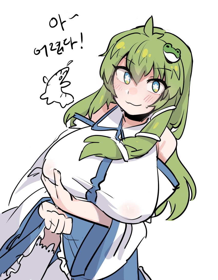 1girl :3 absurdres animal_hair_ornament antenna_hair bangs blue_eyes blue_skirt breast_grab breasts bright_pupils closed_mouth clothes_lift covered_nipples detached_sleeves eyebrows_visible_through_hair frog_hair_ornament grabbing grabbing_own_breast green_hair hair_between_eyes hair_ornament highres kochiya_sanae korean_text large_breasts lifted_by_self long_hair long_sleeves looking_at_viewer nyong_nyong simple_background skirt skirt_lift solo star-shaped_pupils star_(symbol) symbol-shaped_pupils thighhighs touhou translation_request white_background white_pupils white_sleeves wide_sleeves