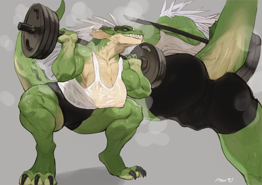 2022 anthro bebebebebe biped bodily_fluids bottomwear breasts butt camel_toe claws clenched_teeth clothed clothing exercise female finger_claws green_body green_scales hair hi_res low-angle_view muscular muscular_anthro muscular_female musk reptile scales scalie sharp_teeth shirt shorts simple_background solo sweat tan_body tan_scales tank_top teeth toe_claws topwear weightlifting white_hair workout