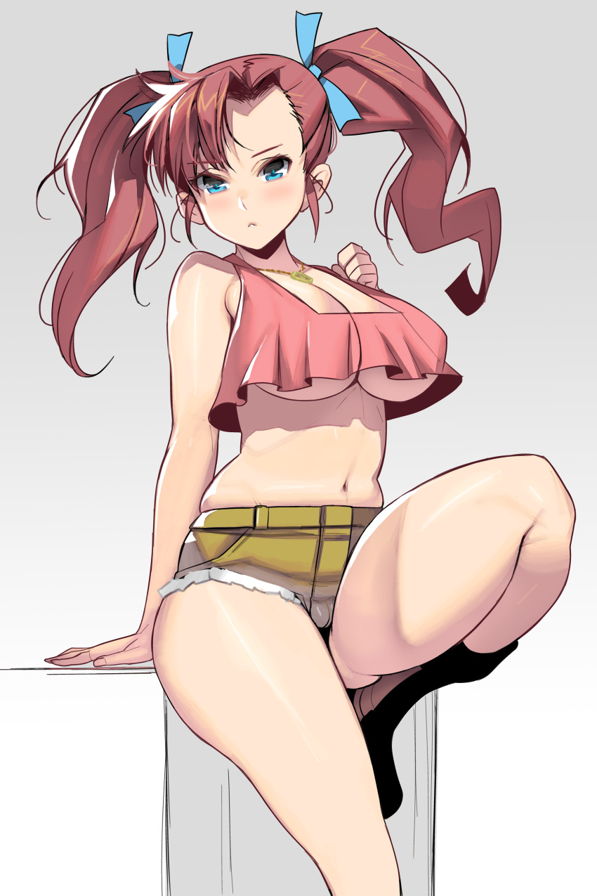 1girl absurdres bakusou_kyoudai_let's_&amp;_go!! bangs blue_eyes breasts brown_hair cleavage cutoffs eyebrows_visible_through_hair highres jewelry large_breasts long_hair looking_at_viewer masao midriff navel necklace no_bra oogami_marina sitting solo underboob