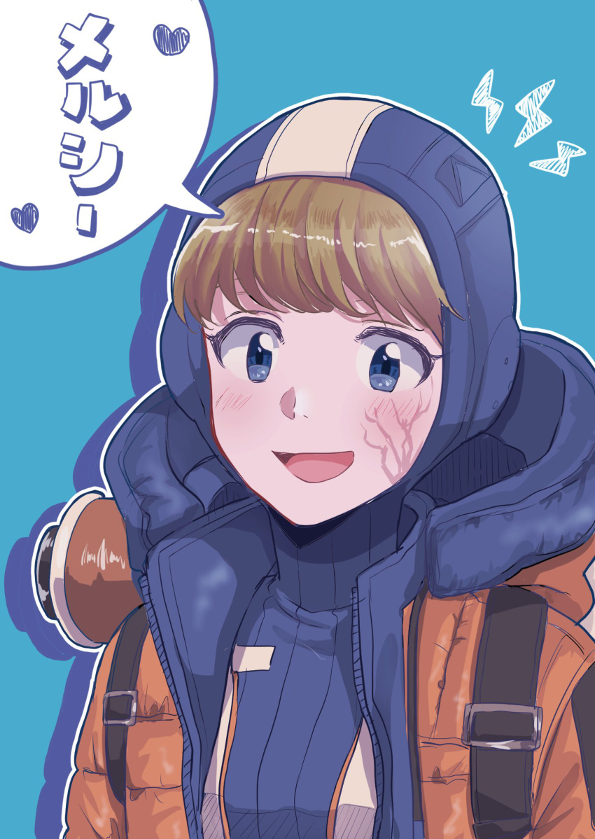 1girl apex_legends bangs blonde_hair blue_bodysuit blue_eyes blue_headwear blush bodysuit eyebrows_behind_hair heart highres hood hooded_jacket jacket lichtenberg_figure lightning_bolt_symbol m_(mrtarou) open_mouth orange_jacket ribbed_bodysuit scar scar_on_cheek scar_on_face smile solo wattson_(apex_legends)