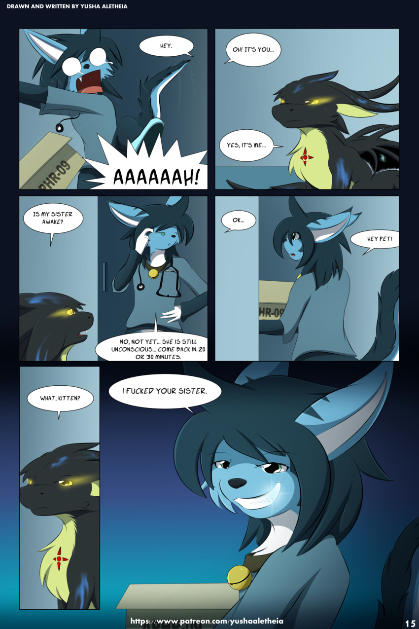 2:3 annoyed anthro bell bell_collar black_body black_fur blue_body blue_eyes blue_fur clothed clothing collar comic dialogue domestic_cat dragon duo english_text felid feline felis feral fur fur_markings furred_dragon giru giru_(artist) glowing glowing_eyes grey_hair hair hi_res horn kiriu male mammal markings medical_instrument membrane_(anatomy) membranous_wings profanity scared scientific_instrument scrubs shocked smug smug_grin speech_bubble stethoscope text url wings yellow_body yellow_eyes yellow_fur