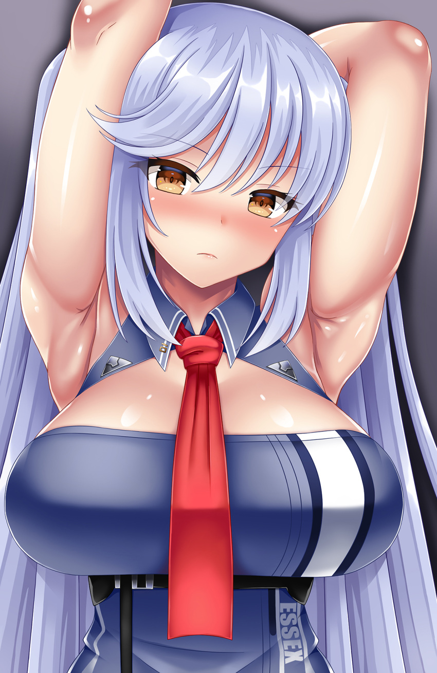 1girl arm_behind_head armpits arms_up azur_lane bangs bare_shoulders blue_dress blue_hair blush breasts brown_eyes character_name cleavage closed_mouth clothes_writing collared_dress commentary_request dress drop_shadow essex_(azur_lane) eyebrows_visible_through_hair hair_between_eyes highres large_breasts long_hair looking_at_viewer necktie nose_blush partial_commentary red_necktie shadow shiny shiny_skin sidelocks simple_background sleeveless sleeveless_dress sogegin solo standing twintails underbust upper_body