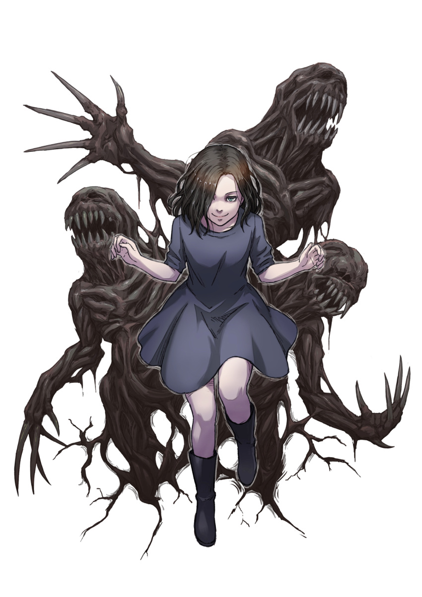 1girl black_dress black_footwear black_hair claws dress eveline full_body hair_over_one_eye highres medium_hair monster resident_evil resident_evil_7 sharp_teeth shigumo_(shigeru) short_sleeves smile teeth