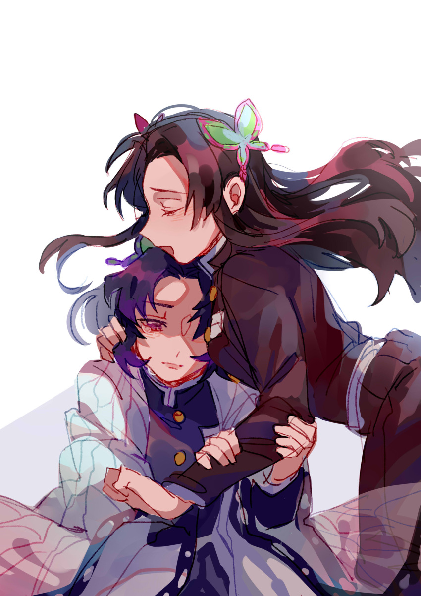 2girls absurdres black_jacket brown_hair butterfly_hair_ornament chinese_commentary closed_eyes closed_mouth commentary_request gakuran hair_ornament hand_on_another's_arm haori highres hug jacket japanese_clothes kimetsu_no_yaiba kochou_kanae kochou_shinobu long_hair long_sleeves mogutofuoes multiple_girls one_eye_covered open_mouth profile purple_eyes purple_hair school_uniform simple_background white_background