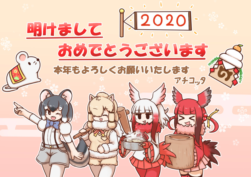 &gt;_&lt; 2020 4girls :d alpaca_suri_(kemono_friends) animal_ears aticotta bangs black_eyes black_hair blonde_hair blunt_bangs blush chinchilla_(kemono_friends) closed_eyes eyebrows_visible_through_hair gloves hair_over_one_eye highres japanese_crested_ibis_(kemono_friends) kemono_friends long_sleeves looking_at_viewer medium_hair multiple_girls one_eye_closed open_mouth pantyhose red_gloves red_hair red_legwear scarlet_ibis_(kemono_friends) sidelocks smile tail translation_request white_hair xd