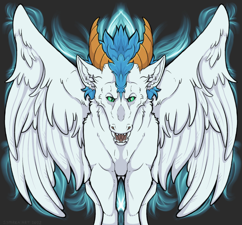 blue_hair dragon feathered_wings feathers fire fluffy green_sclera hair hi_res horn looking_at_viewer symmetry symrea white_body winged_dragon wings