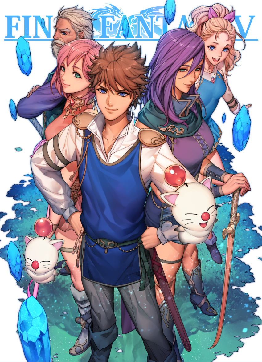 2boys 3girls blonde_hair blue_eyes boots brown_hair butz_klauser copyright_name crystal earrings faris_scherwiz final_fantasy final_fantasy_v galuf_halm_baldesion grass green_eyes grey_hair highres jewelry krile_mayer_baldesion lenna_charlotte_tycoon moogle multiple_boys multiple_girls necklace oda_non old old_man pink_hair purple_hair ribbon signature standing sword title translation_request weapon white_background writing