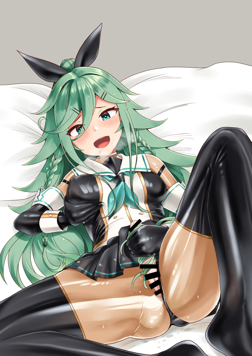 1girl absurdres after_masturbation bangs bar_censor black_gloves black_legwear black_ribbon black_serafuku black_skirt bodysuit braid breasts buttons censored clothed_masturbation commentary_request commission double-breasted dress elbow_gloves erection futanari futanari_masturbation gloves green_eyes green_hair green_neckwear hair_between_eyes hair_flaps hair_ornament hair_ribbon hairclip hairjob highres kantai_collection latex latex_bodysuit latex_dress latex_gloves latex_legwear long_hair looking_at_viewer masturbation medium_breasts minase_(takaoka_nanase) neckerchief open_mouth parted_bangs penis pleated_skirt ponytail remodel_(kantai_collection) ribbon school_uniform self_fondle serafuku shiny shiny_clothes sidelocks skin_tight skirt smile solo spread_legs thighhighs twin_braids wrist_cuffs yamakaze_(kancolle) zettai_ryouiki