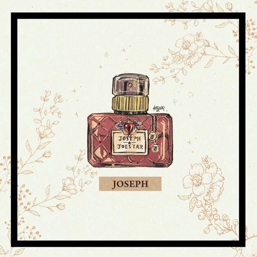 battle_tendency bottle character_name floral_background glass highres jewelry jojo_no_kimyou_na_bouken joseph_joestar joseph_joestar_(young) kogatarou no_humans objectification perfume_(cosmetics) perfume_bottle red_stone_of_aja