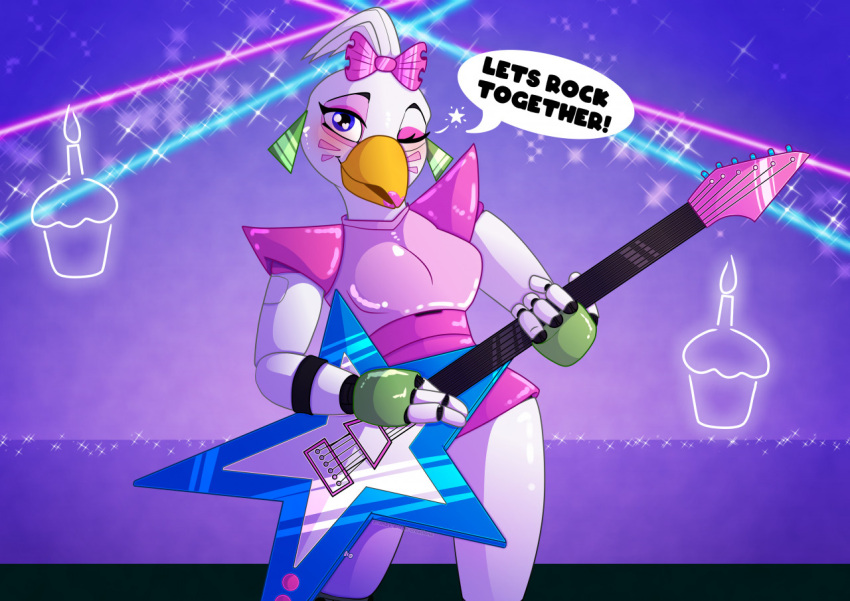 2022 animatronic anthro avian beak bird blush bottomwear breasts chicken clothed clothing digital_media_(artwork) female fingers five_nights_at_freddy's five_nights_at_freddy's:_security_breach galliform gallus_(genus) glamrock_chica_(fnaf) grumpy_griffin_creations guitar hair holding_object looking_at_viewer machine musical_instrument one_eye_closed phasianid piercing playing_guitar playing_music plucked_string_instrument robot scottgames simple_background smile solo standing string_instrument text topwear video_games wink
