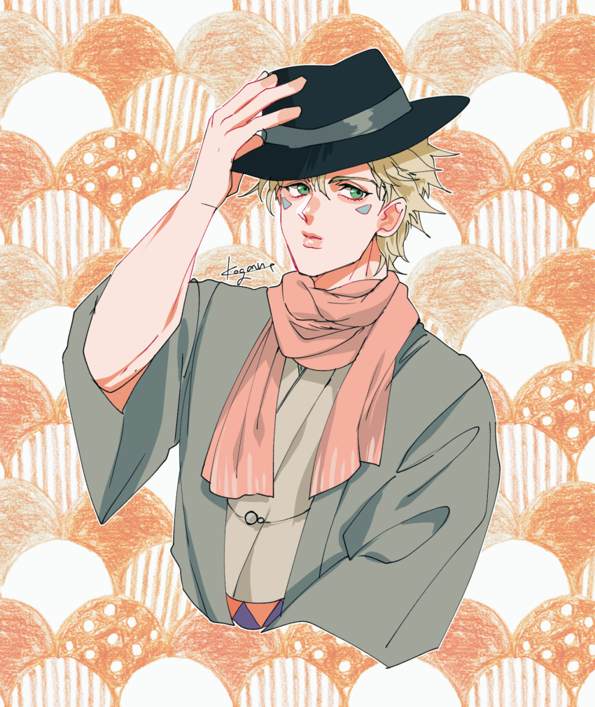 1boy adjusting_clothes adjusting_headwear alternate_costume battle_tendency blonde_hair caesar_anthonio_zeppeli facial_mark fedora green_eyes haori hat highres japanese_clothes jojo_no_kimyou_na_bouken kimono kogatarou male_focus pink_scarf scarf solo yukata