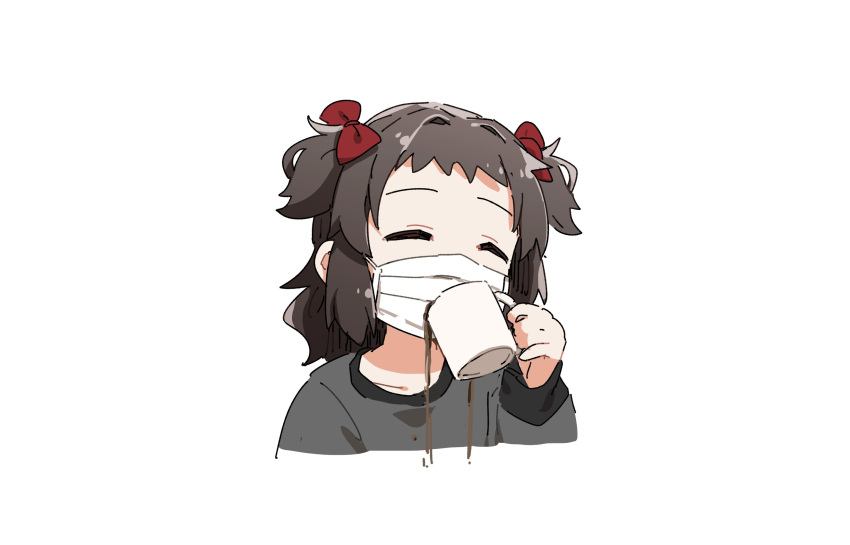 1girl artist_self-insert bangs black_hair black_shirt bow closed_eyes coffee collarbone commentary_request cropped_torso cup hair_bow hair_intakes highres holding holding_cup long_hair mask mouth_mask mug original red_bow shirt simple_background solo surgical_mask two_side_up upper_body white_background you're_doing_it_wrong yukie_(kusaka_shi)