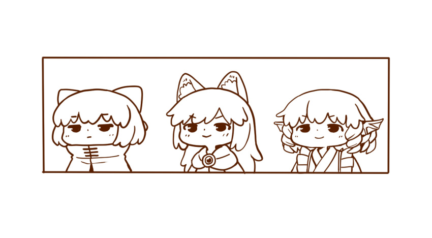 3girls animal_ear_fluff animal_ears bangs bow brooch chibi grass_root_youkai_network hair_bow head_fins high_collar imaizumi_kagerou japanese_clothes jewelry kimono long_hair monochrome multiple_girls poronegi ringlets sekibanki short_hair simple_background smile touhou upper_body wakasagihime white_background wolf_ears