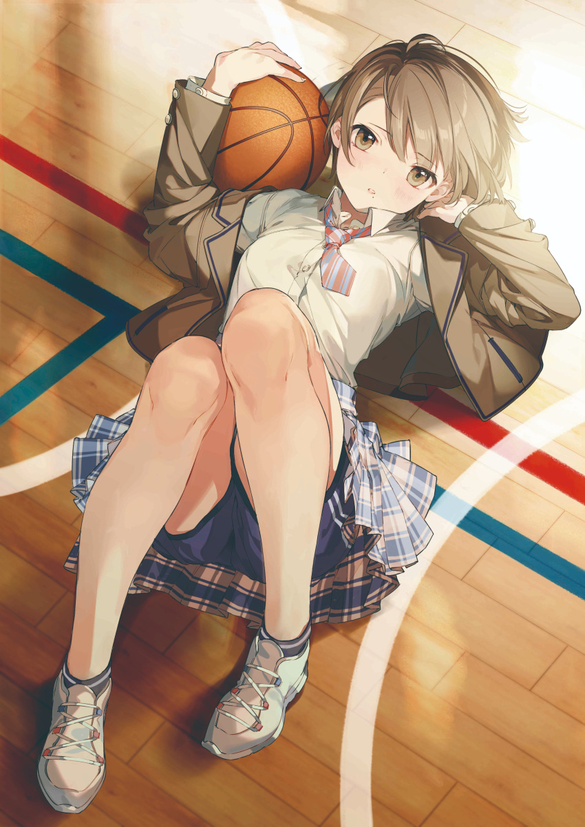 1girl absurdres almic ankle_socks ball bangs basketball basketball_court beige_jacket blush breasts brown_eyes brown_hair brown_jacket collared_shirt commentary_request cover_image eyebrows_visible_through_hair floor from_above full_body gym gym_shorts highres holding holding_ball indoors jacket jinguuji_rumi knees_up koi_wa_futago_de_warikirenai light_brown_hair long_sleeves looking_at_viewer lying mole mole_under_mouth necktie novel_illustration official_art on_back on_floor open_clothes open_jacket parted_lips plaid plaid_skirt pleated_skirt school_uniform shirt shirt_tucked_in shoes short_hair shorts shorts_under_skirt skirt sneakers socks striped striped_necktie swept_bangs textless uniform upskirt white_footwear white_shirt wooden_floor