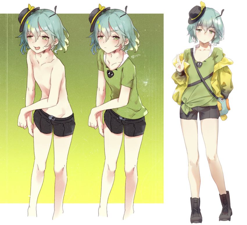 1boy antennae ants_(cookie) bangs belt black_belt black_footwear black_headwear black_shorts blue_hair boots chinese_commentary closed_mouth commentary_request cookie_(touhou) eyebrows_visible_through_hair fairyfloss full_body genderswap genderswap_(ftm) green_eyes green_shirt hair_between_eyes hat hat_ribbon jacket komeiji_koishi looking_at_viewer male_focus mini_hat multiple_views off_shoulder open_mouth ribbon shirt short_hair short_shorts shorts topless_male touhou yellow_jacket yellow_ribbon