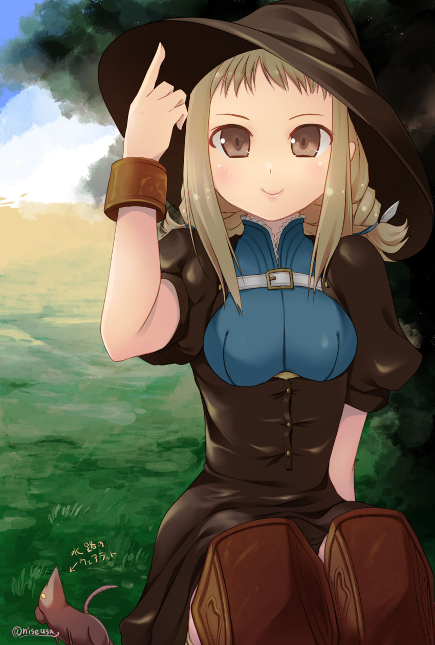 1girl blonde_hair blue_eyes braid breasts closed_mouth final_fantasy final_fantasy_xii grass hat highres long_hair looking_at_viewer mouse nise_(nisej) penelo smile solo tree twin_braids twintails witch_hat