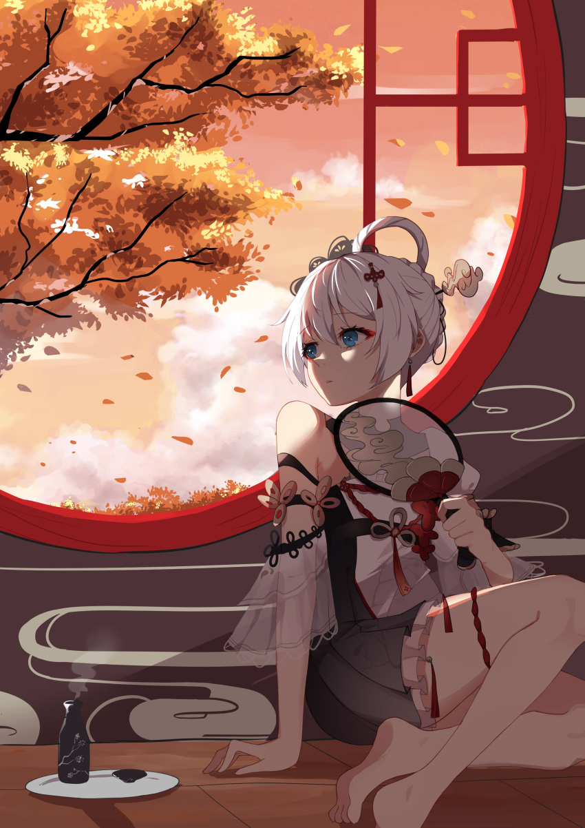 1girl absurdres alcohol bangs bare_shoulders barefoot blue_eyes braid braided_ponytail chinese_clothes closed_mouth cloud cloudy_sky cup drinking_glass hair_between_eyes hair_ornament hand_fan highres holding holding_fan honkai_(series) honkai_impact_3rd indoors leaf mush_(mushlicious) on_floor petals plate sitting sky sleeveless soles solo sunset theresa_apocalypse theresa_apocalypse_(starlit_astrologos) toes tree white_hair window wine wine_glass zhuge_kongming_(honkai_impact)
