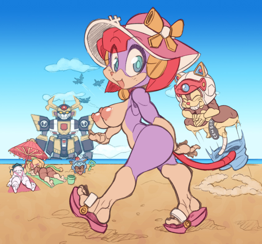 anthro beach breasts butt domestic_cat felid feline felis female hi_res lying machine male mammal nipples on_front on_towel pizzacat polly_esther robot samurai_pizza_cats sand seaside towel
