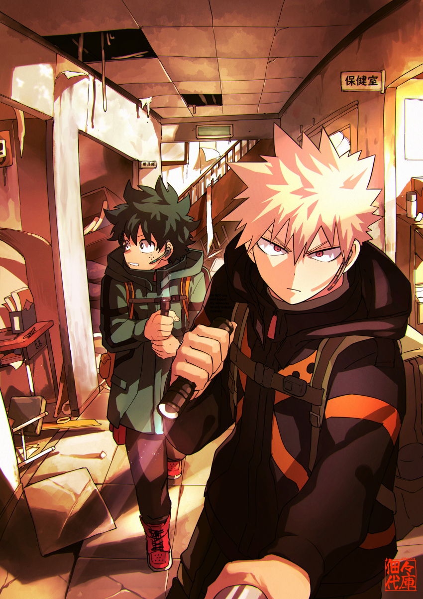 2boys abandoned absurdres artist_name backpack bag bakugou_katsuki blonde_hair boku_no_hero_academia camera damaged earpiece exploration fisheye flashlight freckles green_eyes green_hair headset highres holding holding_camera looking_at_viewer looking_to_the_side male_focus midoriya_izuku multiple_boys red_eyes scared searching serious short_hair sign spiked_hair translation_request yazakc