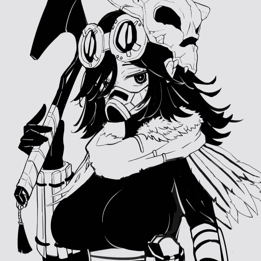 1girl adapted_costume apex_legends axe bangs bloodhound_(apex_legends) breasts feather_trim fur_trim genderswap genderswap_(otf) goggles goggles_on_head grey_background greyscale hair_behind_ear highres holding holding_axe large_breasts looking_at_viewer mask mask_on_head monochrome portrait raven's_bite scarf solo xiaoye_ju_er
