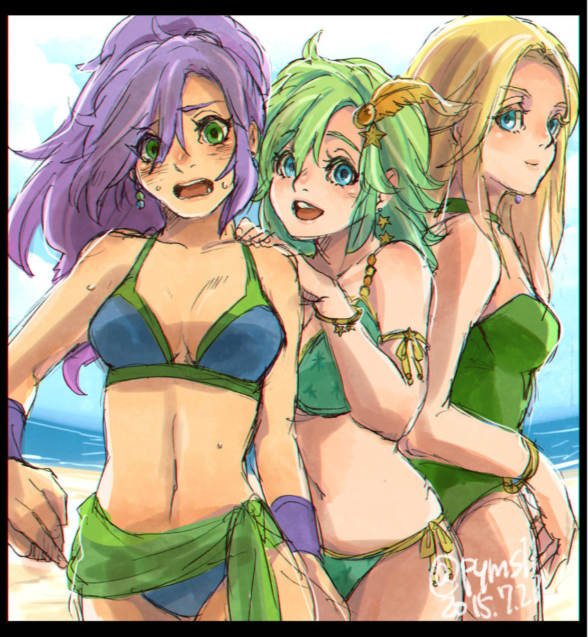 3girls blonde_hair breasts celes_chere cleavage closed_mouth dissidia_final_fantasy earrings faris_scherwiz final_fantasy final_fantasy_iv final_fantasy_v final_fantasy_vi green_eyes highres jewelry long_hair looking_at_viewer multiple_girls open_mouth payu_(pyms11) purple_hair rydia_(ff4) smile swimsuit