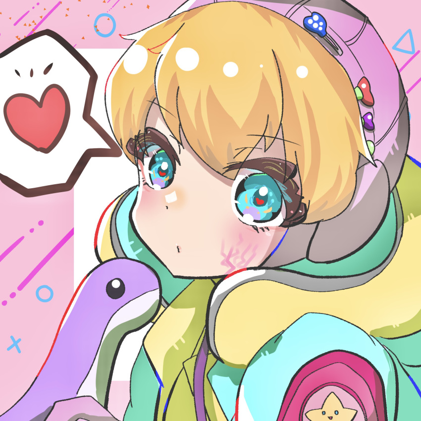 1girl apex_legends bangs blonde_hair blue_eyes eyebrows_visible_through_hair heart highres hood hooded_jacket jacket kawaii_voltage_wattson looking_at_viewer nepitasu nessie_(respawn) pink_headwear portrait scar scar_on_cheek scar_on_face solo speech_bubble spoken_heart stuffed_toy wattson_(apex_legends) yellow_jacket