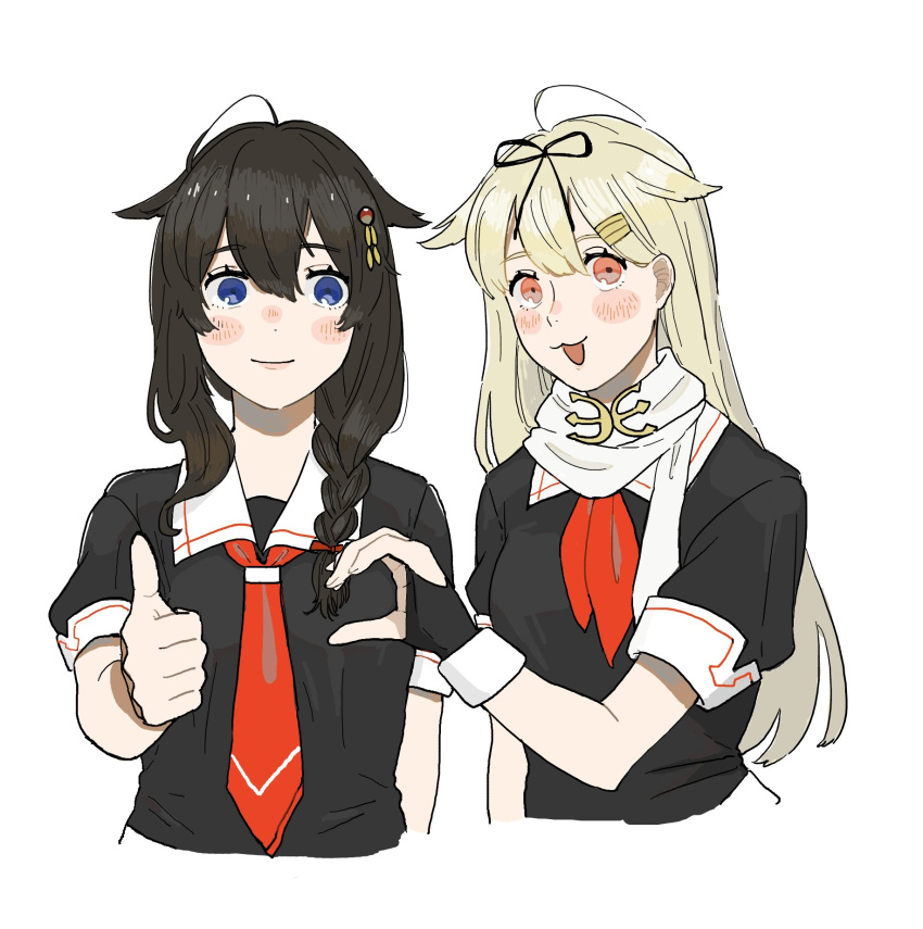 2girls ahoge black_hair black_ribbon black_serafuku blonde_hair blue_eyes braid commentary_request cropped_torso hair_flaps hair_ornament hair_over_shoulder hair_ribbon hairclip heart_hands_failure highres kantai_collection long_hair looking_at_viewer multiple_girls neckerchief necktie red_eyes red_neckerchief red_necktie ribbon scarf school_uniform serafuku shigure_(kancolle) shigure_kai_ni_(kancolle) simple_background single_braid sukekiyo_(skky_0) thumbs_up upper_body white_background white_scarf yuudachi_(kancolle) yuudachi_kai_ni_(kancolle)