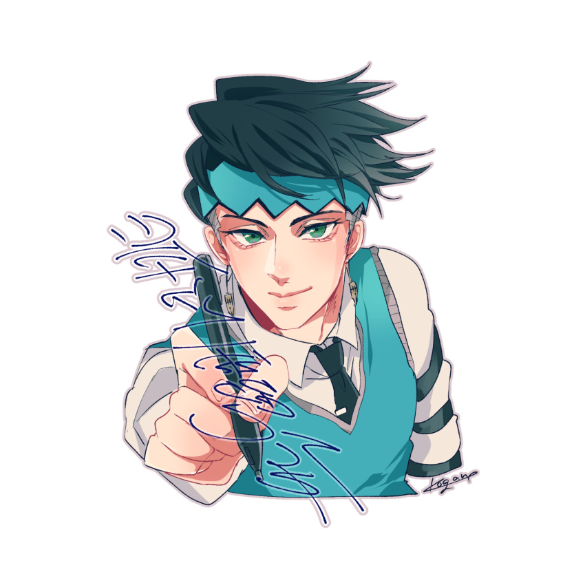 1boy black_hair earrings green_eyes headband highres holding holding_pen jewelry jojo_no_kimyou_na_bouken kishibe_rohan kishibe_rohan_wa_ugokanai kogatarou male_focus necktie pen smile solo undercut vest waistcoat