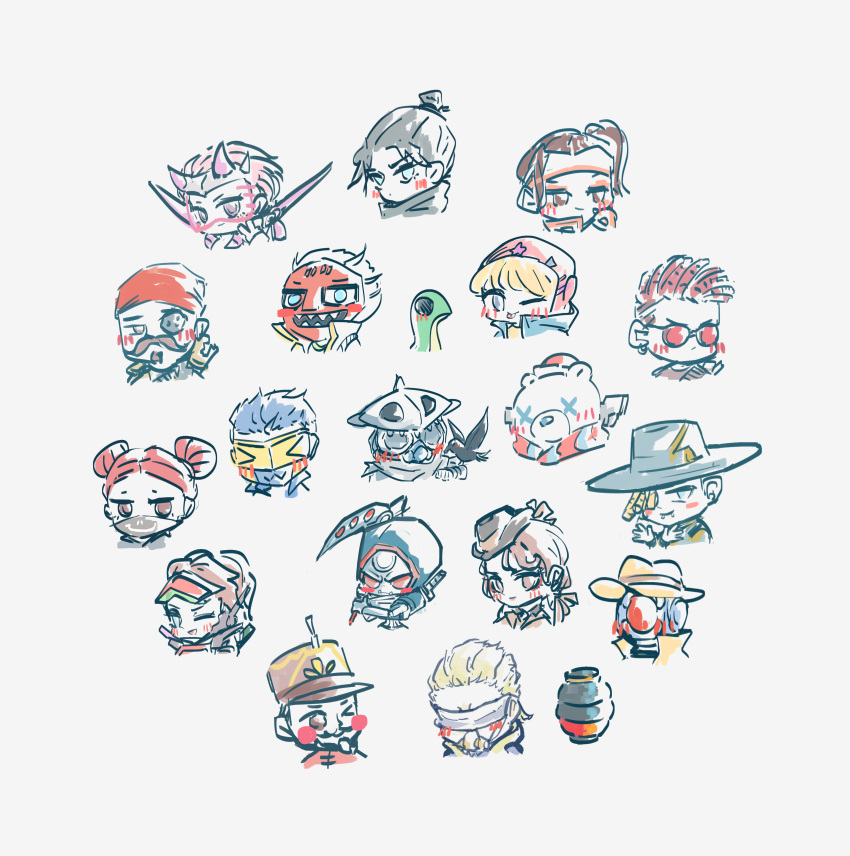 &gt;_&lt; 1other 6+boys 6+girls absurdres aerial_evolution_valkyrie ambiguous_gender animal_costume annotated apex_legends bad_to_the_bone_lifeline bangalore_(apex_legends) bear_costume black_hair black_headwear black_scarf blonde_hair bloodhound_(apex_legends) blue_hair blue_headwear blush bootlegger_loba brown_hair brudda_bear_gibraltar caustic_(apex_legends) chibi chinese_commentary crafty_kitsune_rampart crypto_(apex_legends) dead_man's_curve divine_right_caustic everyone fast_fashion_octane fuse_(apex_legends) galactic_guardian_horizon gibraltar_(apex_legends) hair_bun hairlocs head_only highres holding holding_scythe horizon_(apex_legends) humanoid_robot kawaii_voltage_wattson lifeline_(apex_legends) loba_(apex_legends) man-o-war_fuse mask memoir_noir_pathfinder mirage_(apex_legends) mouth_mask multiple_boys multiple_girls nessie_(respawn) octane_(apex_legends) one_eye_closed pathfinder_(apex_legends) pink_hair pink_headwear radical_action_bangalore rampart_(apex_legends) red_hair revenant_(apex_legends) scarf scythe seer_(apex_legends) side_ponytail simulacrum_(titanfall) sketch sunglasses synthetic_shinobi_revenant the_masked_dancer_crypto the_wisecracker_mirage tongue tongue_out valkyrie_(apex_legends) visor wattson_(apex_legends) white_blindfold wraith_(apex_legends) xiaoye_ju_er young_blood_bloodhound