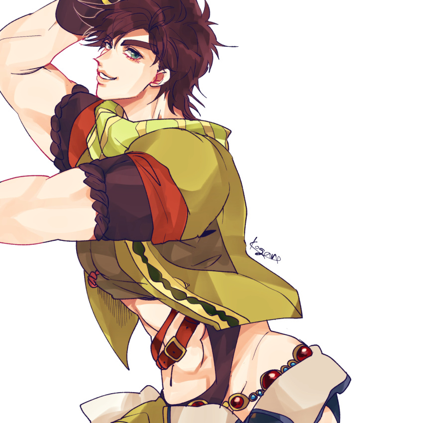 1boy abs_cutout battle_tendency brown_hair cropped_jacket fingerless_gloves gloves green_eyes green_jacket green_scarf groin highres jacket jojo_no_kimyou_na_bouken joseph_joestar joseph_joestar_(young) kogatarou leotard male_focus multicolored_clothes multicolored_scarf scarf short_sleeves solo striped striped_scarf yellow_scarf