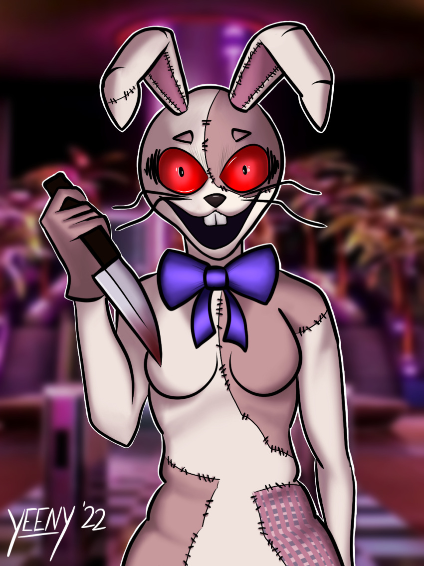 anthro blood bodily_fluids female five_nights_at_freddy's hi_res holding_object holding_weapon human humanoid insane knife looking_at_viewer mammal red_eyes scottgames smile solo vanny_(fnaf) video_games weapon yeenydraws