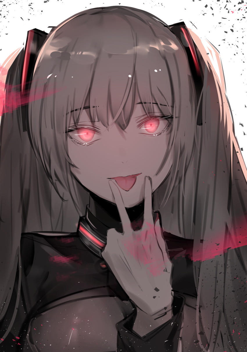 1girl bangs beak_(girls'_frontline) cizzi closed_mouth eyebrows_visible_through_hair girls'_frontline gloves grey_hair hair_ornament hairclip highres long_hair looking_at_viewer purple_eyes sangvis_ferri solo tongue tongue_out twintails upper_body v white_background white_gloves