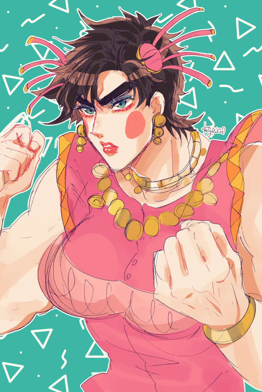 1boy battle_tendency bracelet breast_padding brown_hair crossdressing dress fighting_stance green_eyes hair_ornament highres jewelry jojo_no_kimyou_na_bouken joseph_joestar joseph_joestar_(tequila) joseph_joestar_(young) kogatarou lipstick makeup male_focus solo