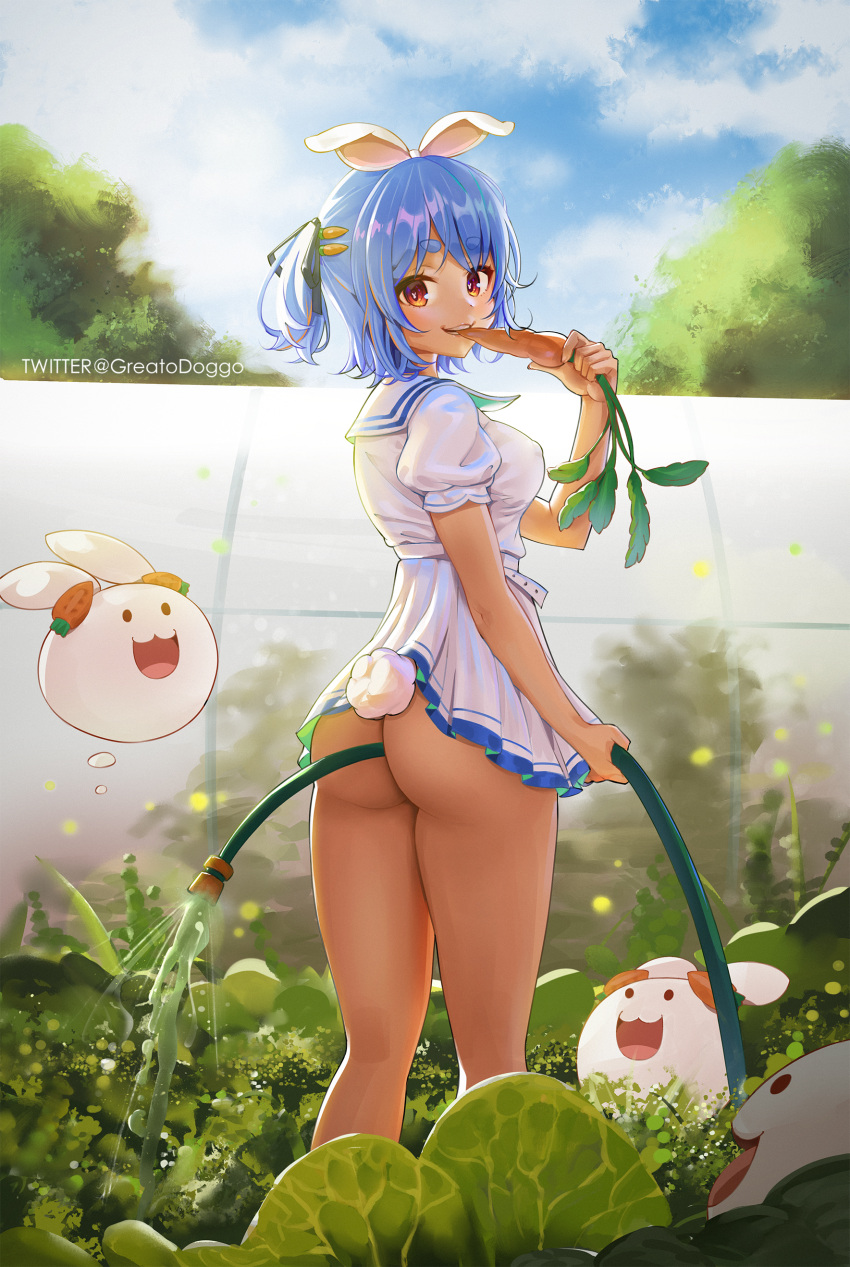 1girl absurdres ass bangs belt between_buttocks black_ribbon blue_hair breasts bunny-shaped_pupils carrot cloud cloudy_sky commentary day eating eyebrows_visible_through_hair feet_out_of_frame food_in_mouth greatodoggo hair_ribbon highres holding holding_carrot holding_hose hololive hose large_breasts looking_at_viewer looking_back multicolored_hair no_panties nousagi_(usada_pekora) outdoors plant puffy_short_sleeves puffy_sleeves rabbit_tail red_eyes ribbon sailor_collar shirt short_eyebrows short_hair short_sleeves skirt sky smile solo standing streaked_hair symbol-shaped_pupils tail thick_eyebrows two_side_up usada_pekora virtual_youtuber water white_belt white_hair white_sailor_collar white_shirt white_skirt