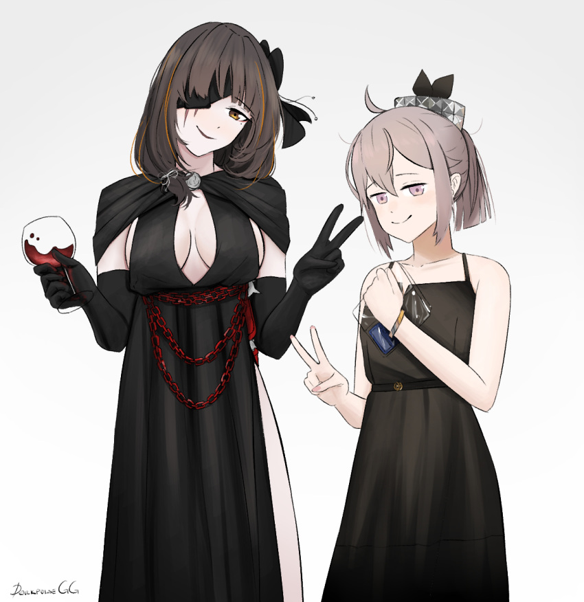 2girls artist_name bangs black_dress black_eyepatch black_gloves blonde_hair breasts brown_hair closed_mouth collarbone cup darkpulsegg dress drinking_glass elbow_gloves eyebrows_visible_through_hair eyepatch feet_out_of_frame girls'_frontline gloves hair_ornament hair_ribbon highres holding holding_cup light_purple_eyes long_hair looking_at_viewer m16a1_(blazer_of_the_trail)_(girls'_frontline) m16a1_(girls'_frontline) m200_(girls'_frontline) m200_(war_correspondent)_(girls'_frontline) medium_breasts multicolored_hair multiple_girls official_alternate_costume orange_eyes ribbon scar scar_across_eye short_hair small_breasts smile standing v white_background wine_glass zip_file_(object)