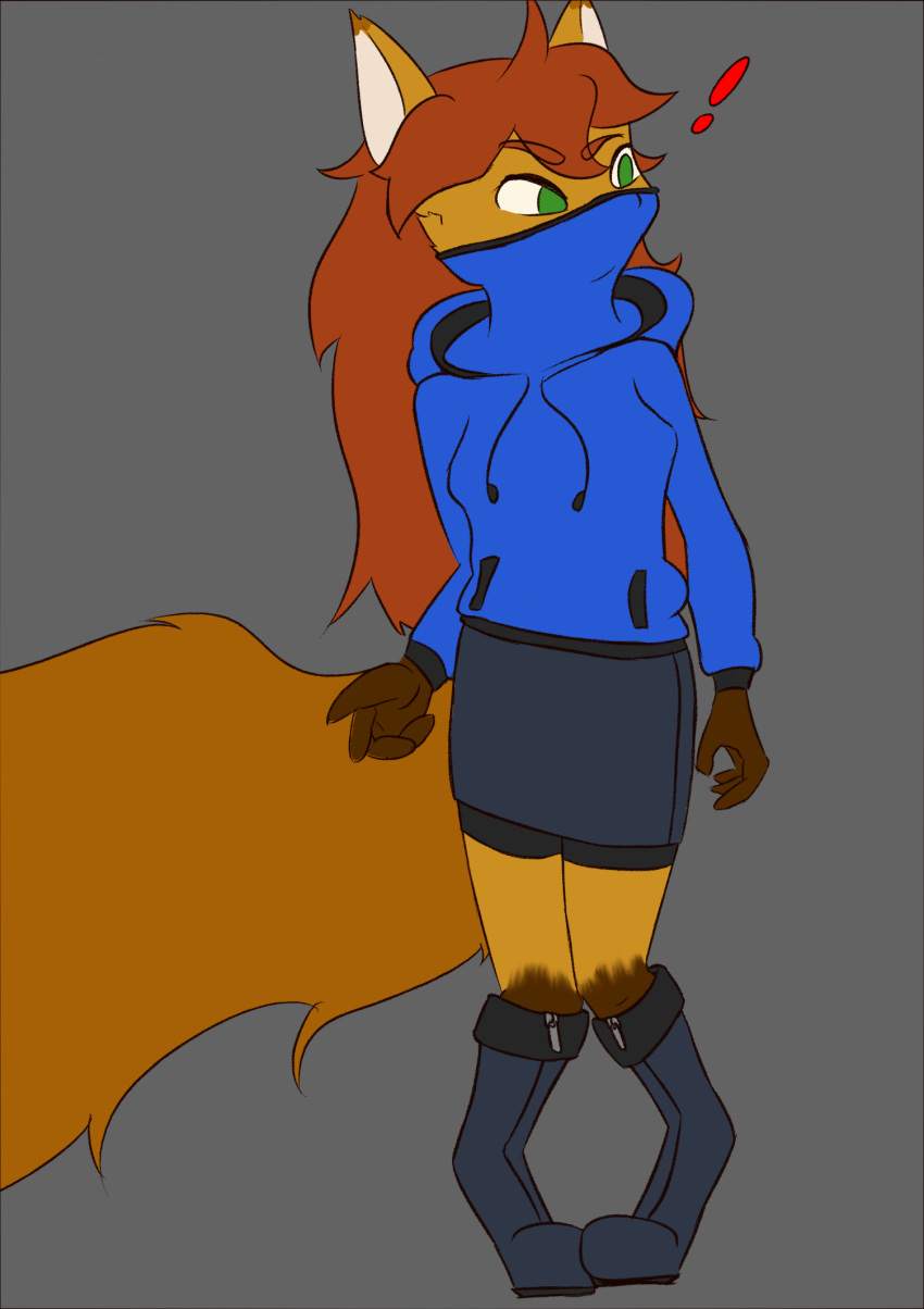 ! anthro boots bottomwear canid canine clothing female footwear fox green_eyes hair hi_res hoodie kamperkiller_(artist) mammal mask ninja_hoodie red_hair skirt skorts solo topwear