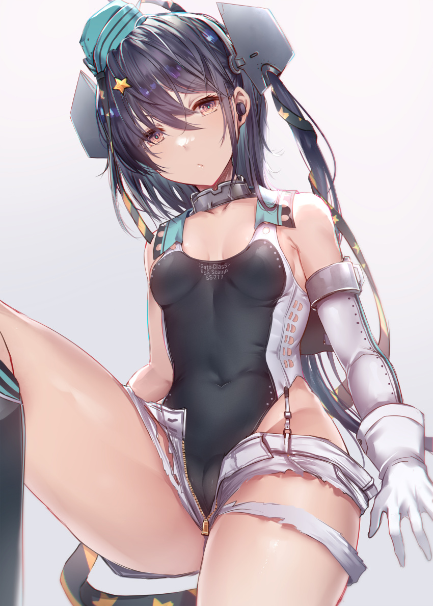 1girl absurdres aqua_headwear bare_shoulders black_ribbon black_swimsuit breasts cameltoe collar competition_swimsuit garrison_cap gloves hair_ornament hair_ribbon hat highleg highleg_swimsuit highres interstellar kantai_collection leg_up long_hair metal_collar one-piece_swimsuit open_fly personification ribbon scamp_(kancolle) short_shorts shorts side_ponytail sitting solo star_(symbol) star_hair_ornament swimsuit white_gloves white_shorts