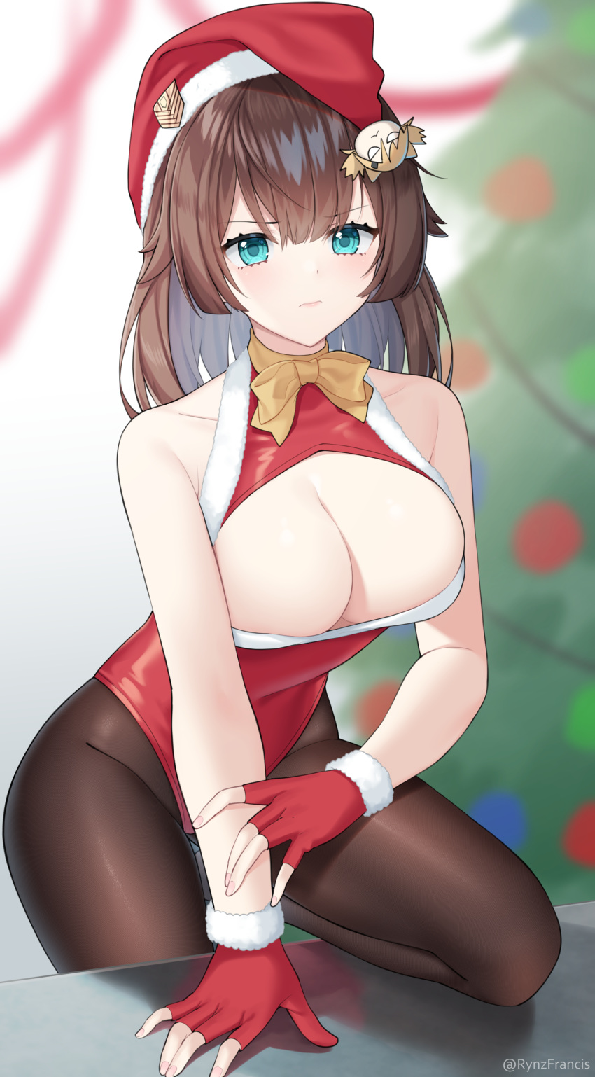 1girl absurdres arm_support artist_name bangs bare_arms bare_shoulders bow bowtie breasts brown_hair brown_legwear character_request christmas_tree cleavage collarbone commentary_request eyebrows_visible_through_hair fur-trimmed_gloves fur_trim girls'_frontline gloves green_eyes groin hat highres large_breasts long_hair looking_at_viewer pantyhose red_gloves red_headwear rynzfrancis santa_hat shadow solo thighs twitter_username yellow_bow yellow_bowtie
