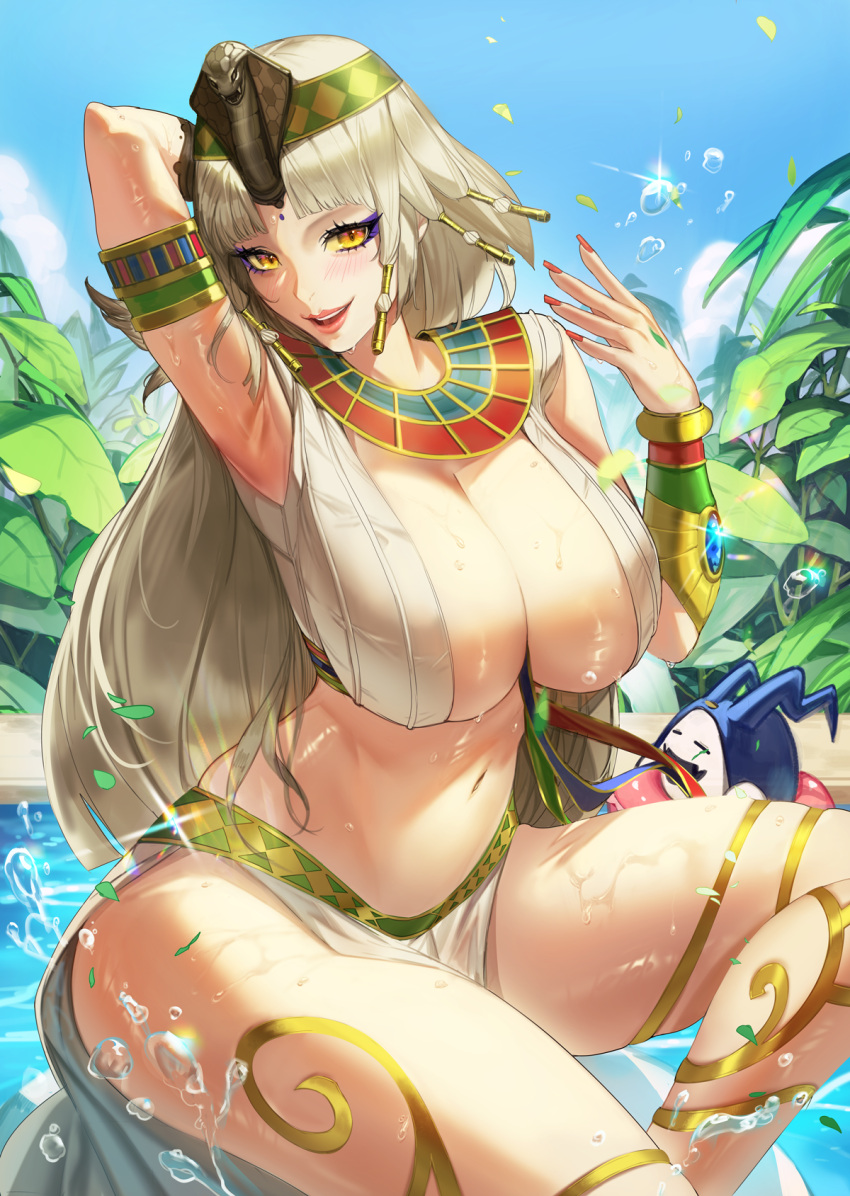 1girl blonde_hair bracelet breasts cleopatra_(megami_tensei) colored_sclera egyptian egyptian_clothes fangs highres ja_mong jack_frost jewelry large_breasts long_hair looking_at_viewer navel ring shin_megami_tensei shin_megami_tensei_v smile solo usekh_collar wet yellow_eyes yellow_sclera