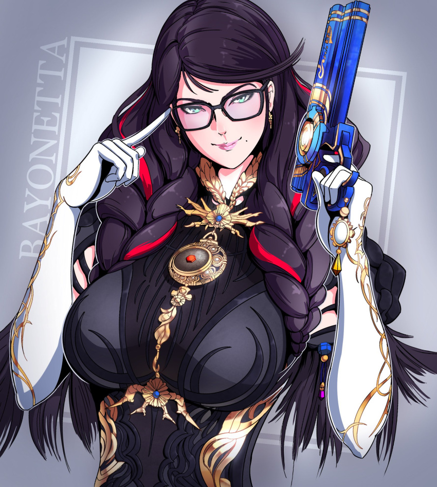 1girl bangs bayonetta bayonetta_(series) bayonetta_3 between_breasts black_bodysuit blush bodysuit braid breasts brown_hair character_name closed_mouth earrings english_commentary glasses gloves gold_trim green_eyes gun handgun highres holding holding_gun holding_weapon index_finger_raised jewelry large_breasts lips long_hair looking_at_viewer mole mole_under_mouth multicolored_hair necklace parted_bangs pistol red_hair solo spiritdraws_x streaked_hair twin_braids two-tone_hair upper_body weapon white_gloves