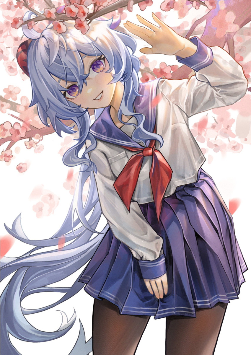 ahoge arrrrrry1 bangs black_legwear blue_hair blue_skirt bow eyebrows_visible_through_hair flower ganyu_(genshin_impact) genshin_impact highres long_hair looking_at_viewer multicolored_eyes neckerchief parted_lips pink_flower pleated_skirt red_neckerchief sailor_collar school_uniform serafuku sidelocks skirt smile solo standing very_long_hair