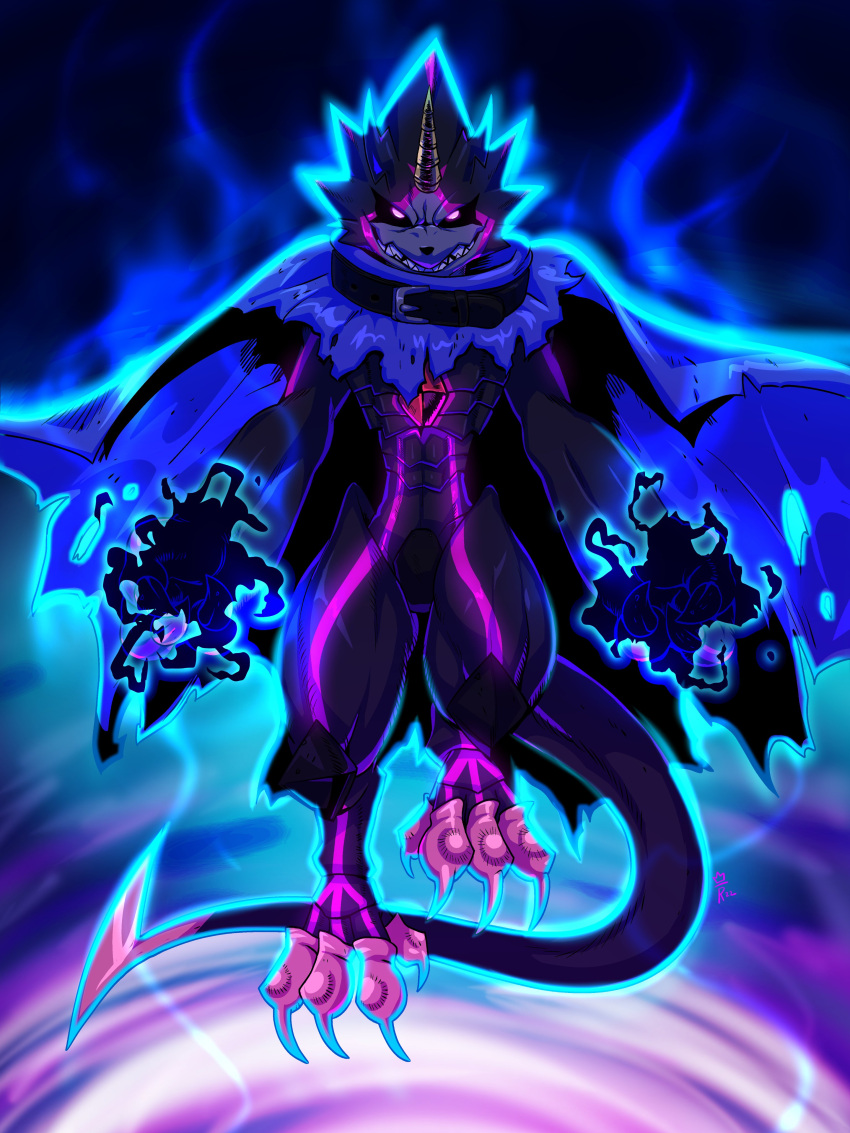 3:4 absurd_res anthro bandai_namco black_body blue_fire cape claws clothing colored_fire digimon digimon_ghost_game evil_grin fire glowing glowing_eyes grusgammamon hi_res horn male sharp_claws sharp_teeth smile solo stinger stinger_tail strayedtiger teeth