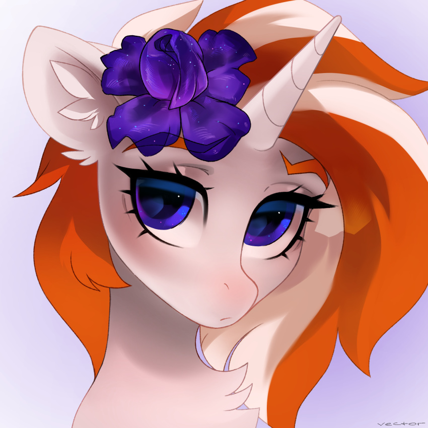 1:1 accessory ambiguous_gender anthro blue_eyes equid equine eyelashes fan_character flower flower_in_hair hair hair_accessory hasbro headshot hi_res horn horse inner_ear_fluff mammal multicolored_hair my_little_pony orange_hair plant pony simple_background solo tuft two_tone_hair unicorn white_body white_hair zlatavector