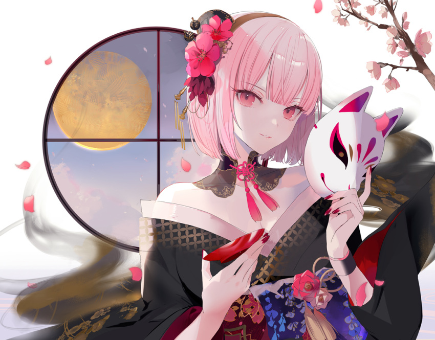 1girl black_kimono cherry_blossoms cup flower fox_mask full_moon hair_flower hair_ornament holding hololive hololive_english japanese_clothes kimono long_sleeves looking_at_viewer mask mask_removed moon mori_calliope obi off-shoulder_kimono parted_lips pink_hair red_eyes sakazuki sash short_hair smile solo tassel upper_body virtual_youtuber wide_sleeves wristband yukisame